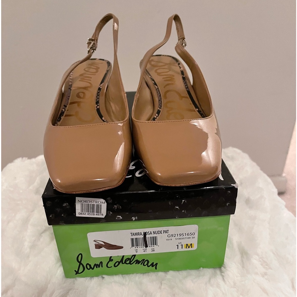 Sam Edelman tan patent leather sling back shoe